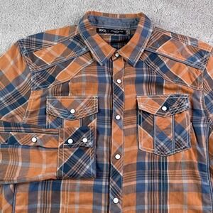 BKE Shirt Mens Medium Orange Blue Plaid Western Pearl Snap Cowboy Rodeo